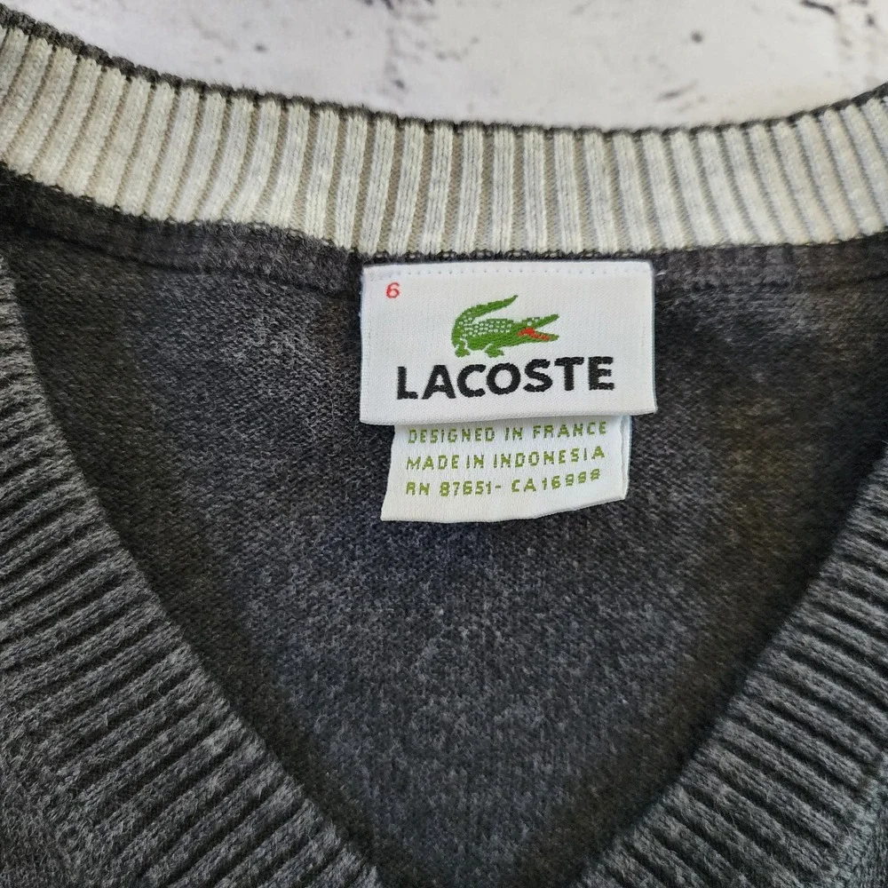 Lacoste Mens V-Neck Sweater Charcoal Gray Cotton Size 6 XL F5178 Crocodile Logo - Picture 3 of 8